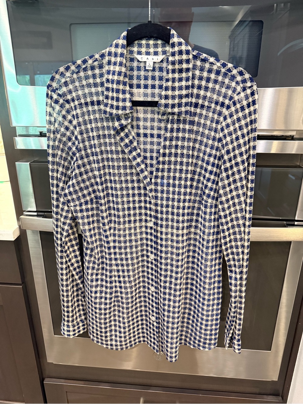 Vintage Cabi Navy and White Check Long-Sleeve Shirt (Sheer)
